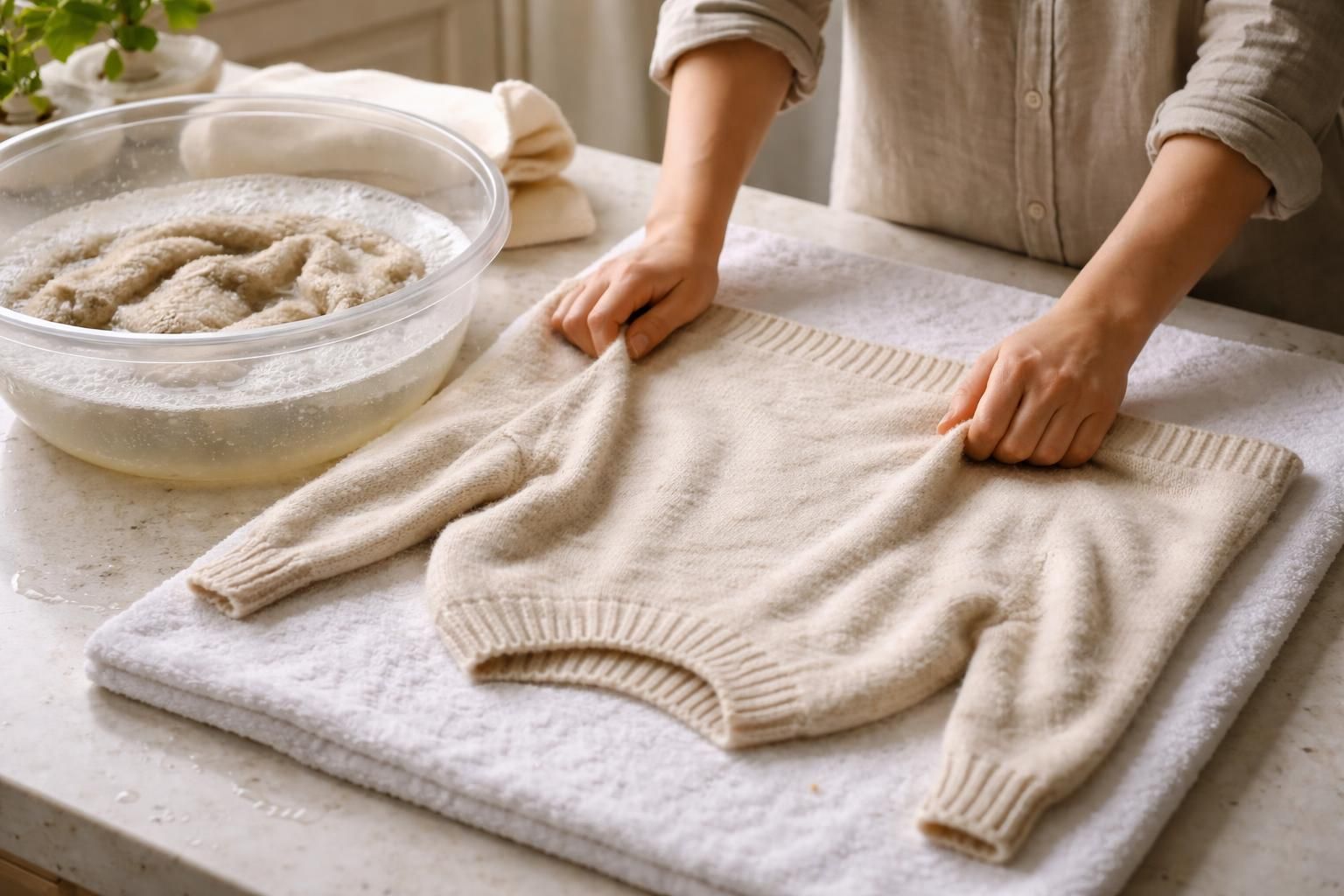 Détendre un pull rétréci : bain tiède et étirement contrôlé