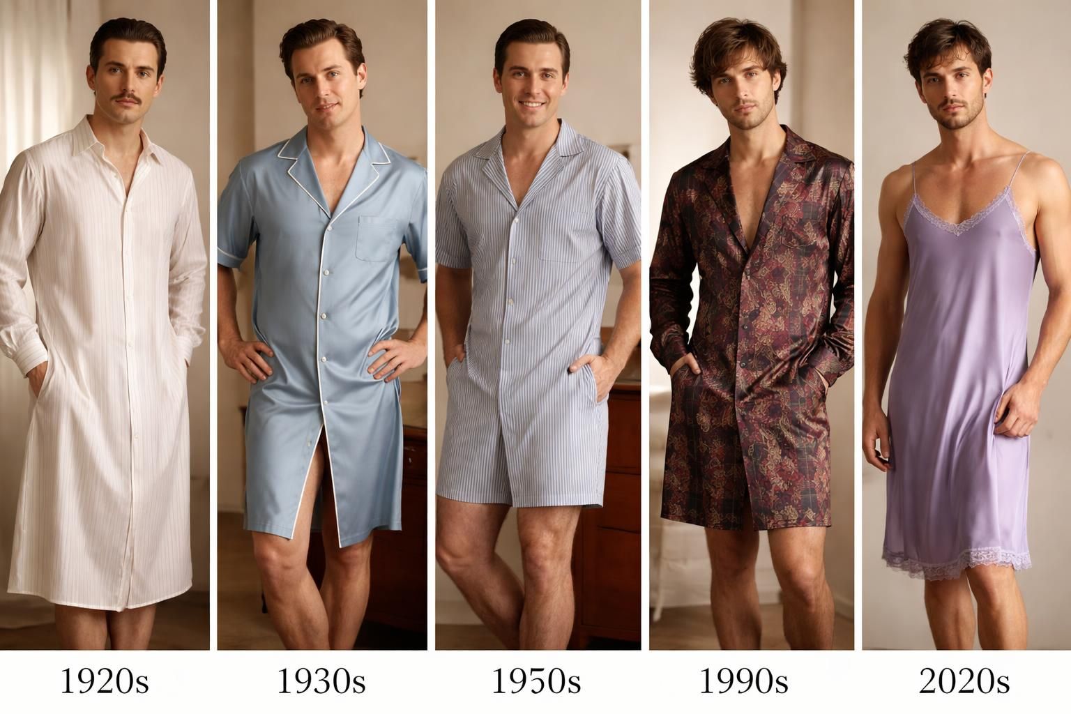 découvrez comment l'image de l'homme en nuisette a évolué à travers les décennies, reflétant les changements culturels et sociaux.