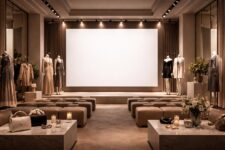 découvrez notre nouvelle ambiance défilé avec un écran de projection unique dans la boutique transformée, pour une expérience immersive et élégante.