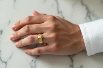 Main d'homme portant une bague Cartier Love en or jaune sur surface en marbre blanc