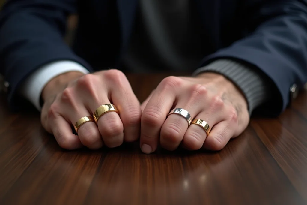 Comparaison bague Cartier Love homme en or jaune et or blanc portées côte à côte