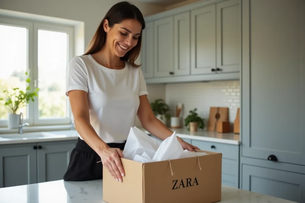 Femme déballant sa commande Zara livrée à domicile avec satisfaisaction, découvrant ses vêtements dans leur emballage d'origine