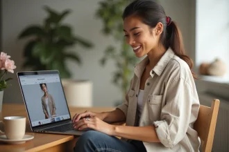 Jeune femme consultant les réductions Zara sur son ordinateur portable pour optimiser livraison et retours