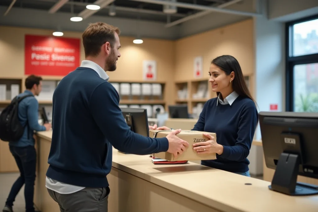 Homme effectuant un retour de commande Zara dans un bureau de poste avec un colis bien emballé