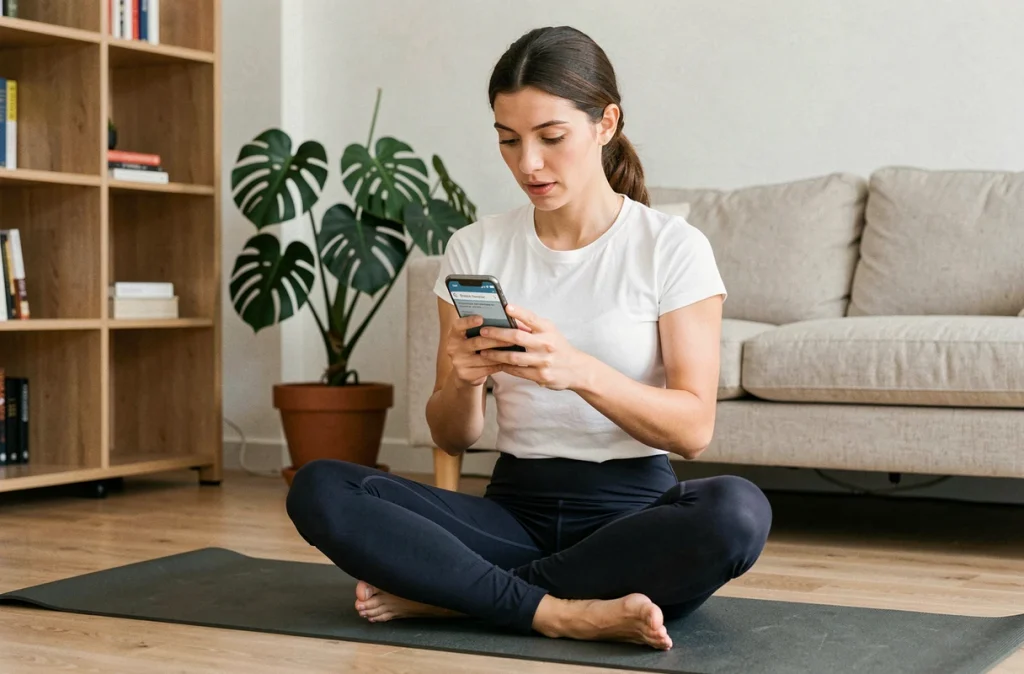 Jeune femme assise sur un tapis de yoga consultant des avis sur le legging Léonie and Co depuis son smartphone dans un salon moderne