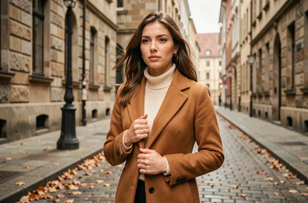 Jeune femme portant une bague croix en or rose discrète dans une rue pavée européenne en automne