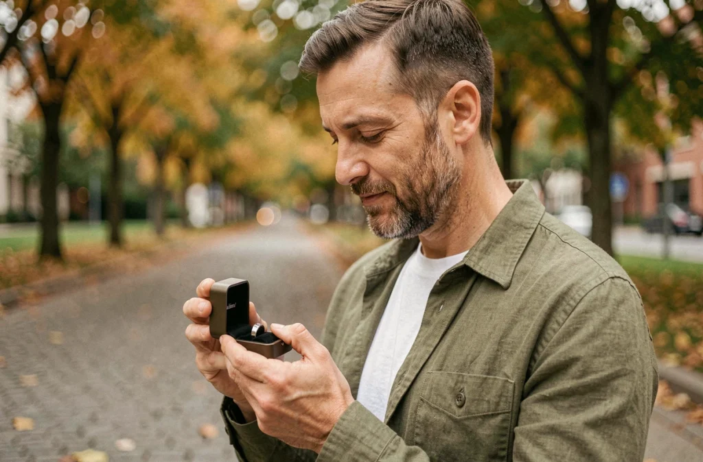 Homme tenant une bague personnalisée gravée dans un écrin ouvert dans un parc urbain en automne