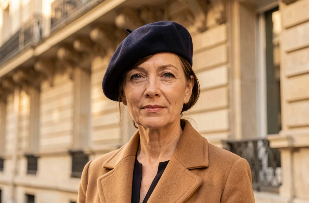 Femme élégante portant un béret en laine marine devant un immeuble haussmannien parisien