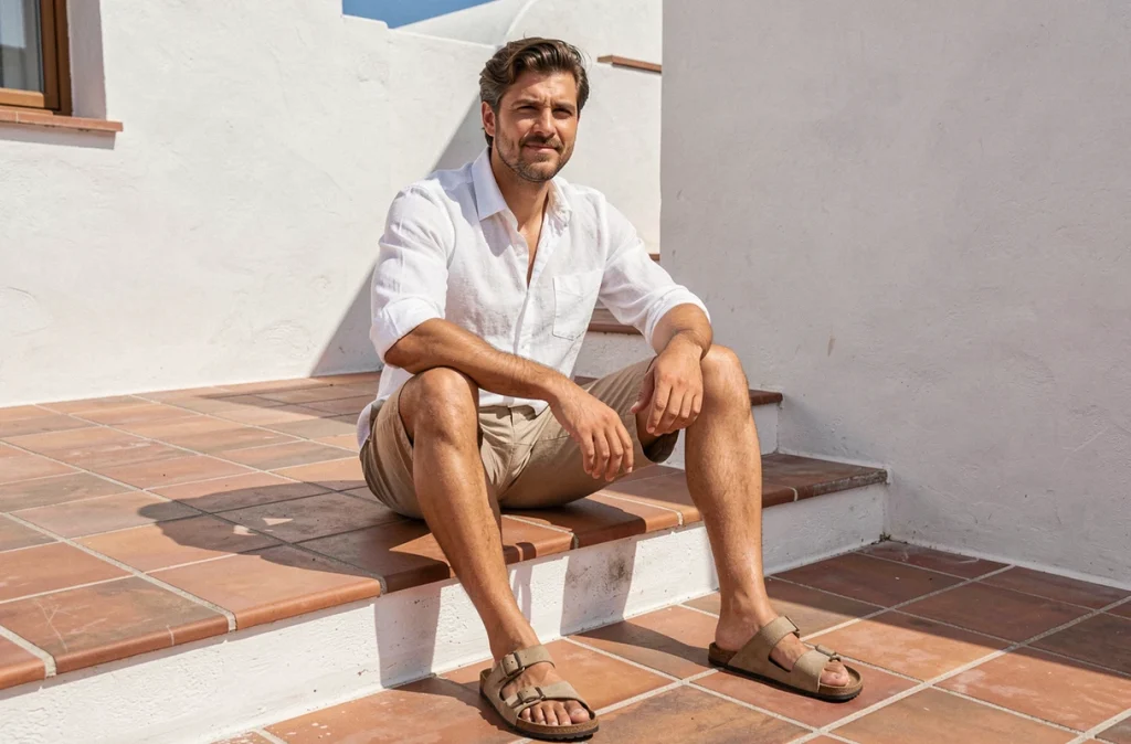 Homme portant un bermuda en lin kaki assis sur des marches d'une terrasse méditerranéenne ensoleillée
