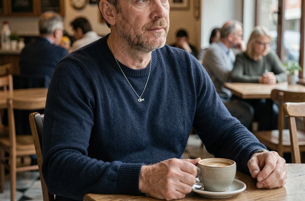 Homme portant un bijou chrétien discret poisson ichthus en argent dans un café parisien