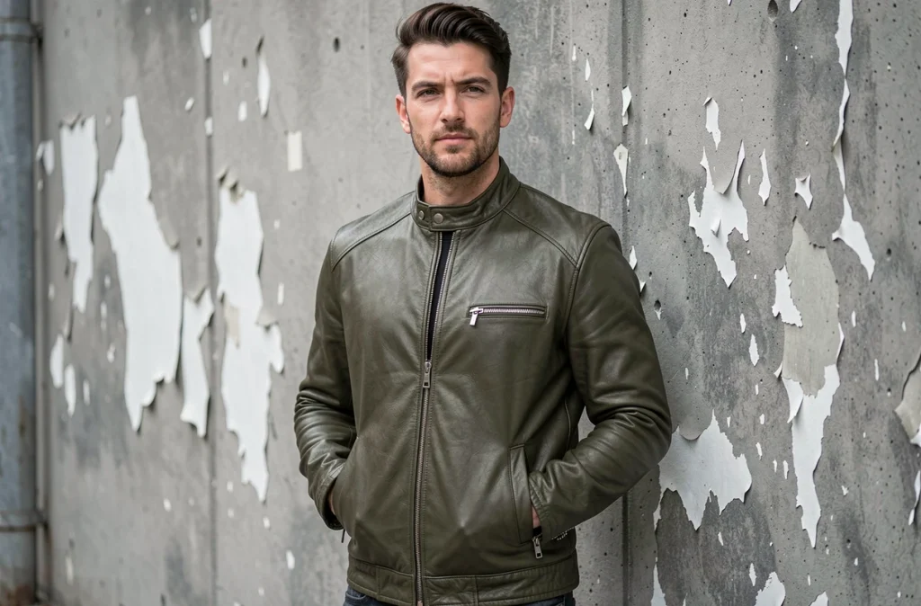 Homme portant un blouson en cuir vert olive contre un mur de béton urbain