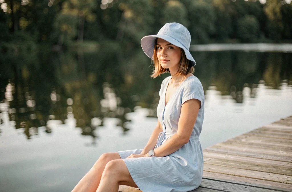 Jeune femme portant un bob en coton bleu pastel assise sur un ponton en bois au bord d'un lac