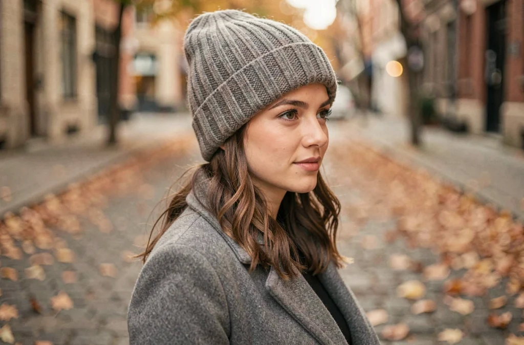 Jeune femme portant un bonnet en laine côtelée sur une rue pavée en automne