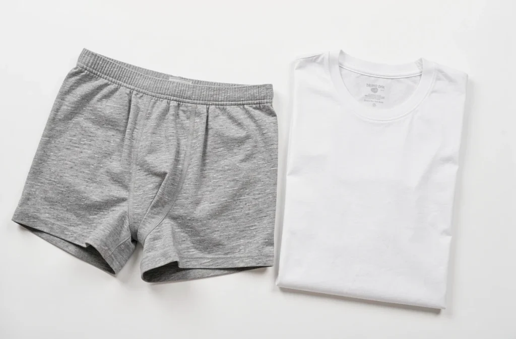 Boxer en coton gris chiné plié sur une surface blanche dans un style flat lay minimaliste