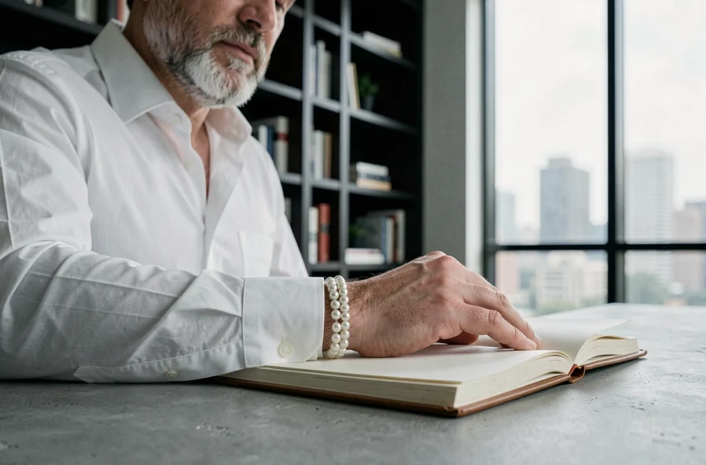 Bracelet perle homme porté avec une chemise blanche dans un bureau élégant