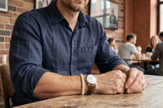 Homme élégant portant un bracelet perle avec une montre minimaliste dans un café urbain