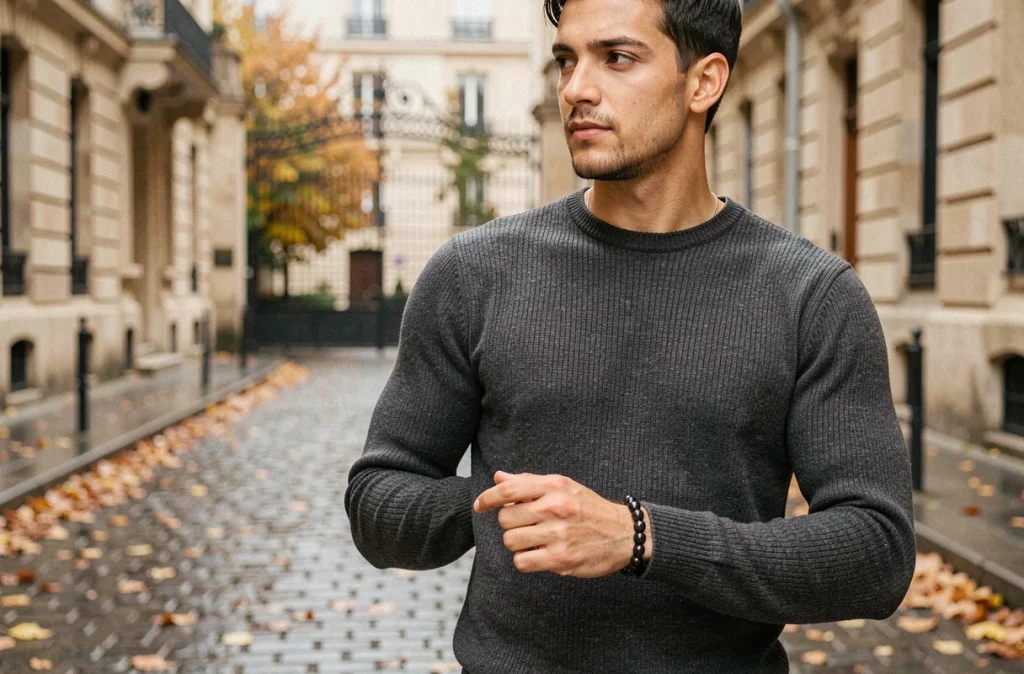 Jeune homme avec un bracelet perle de Tahiti en tenue casual chic dans une rue pavée parisienne