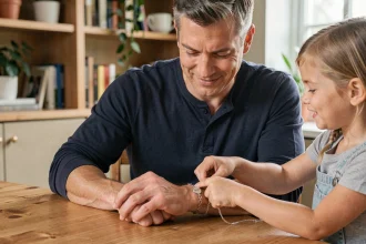Papa recevant un bracelet personnalisé gravé de la part de sa fille dans un intérieur chaleureux