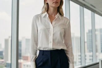 Femme portant un chemisier blanc en soie à col pointu avec un pantalon tailleur marine dans un bureau moderne
