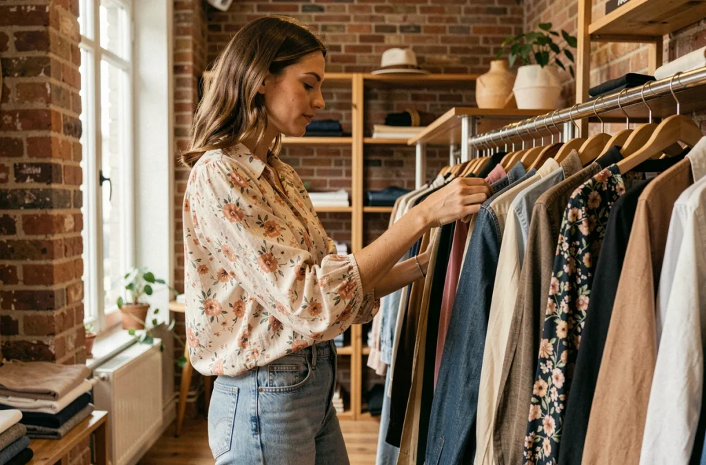Femme en chemisier fleuri en coton style casual chic dans une boutique parisienne