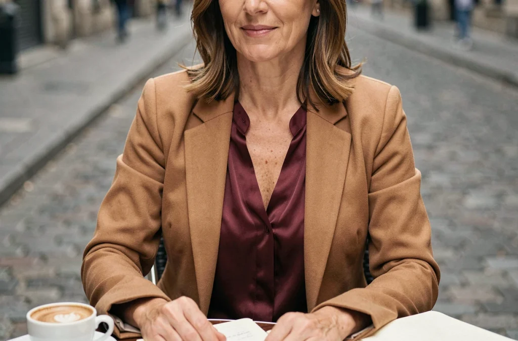 Femme mature portant un chemisier en satin bordeaux sous un blazer camel en terrasse de café parisien