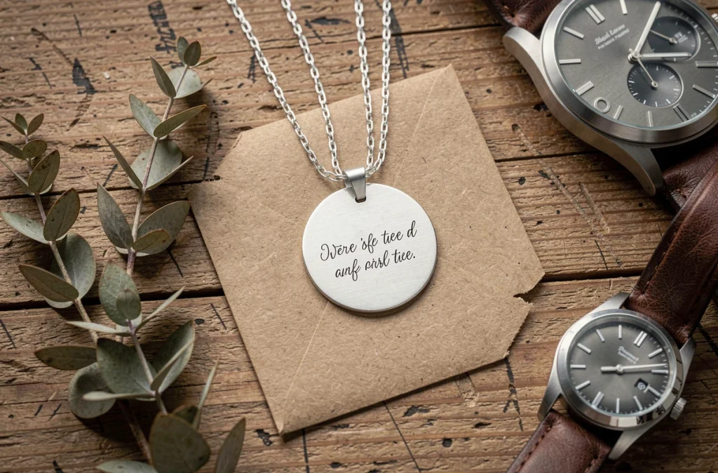 Collier pendentif argent personnalisé avec message gravé pour homme présenté en flat lay sur bois brut