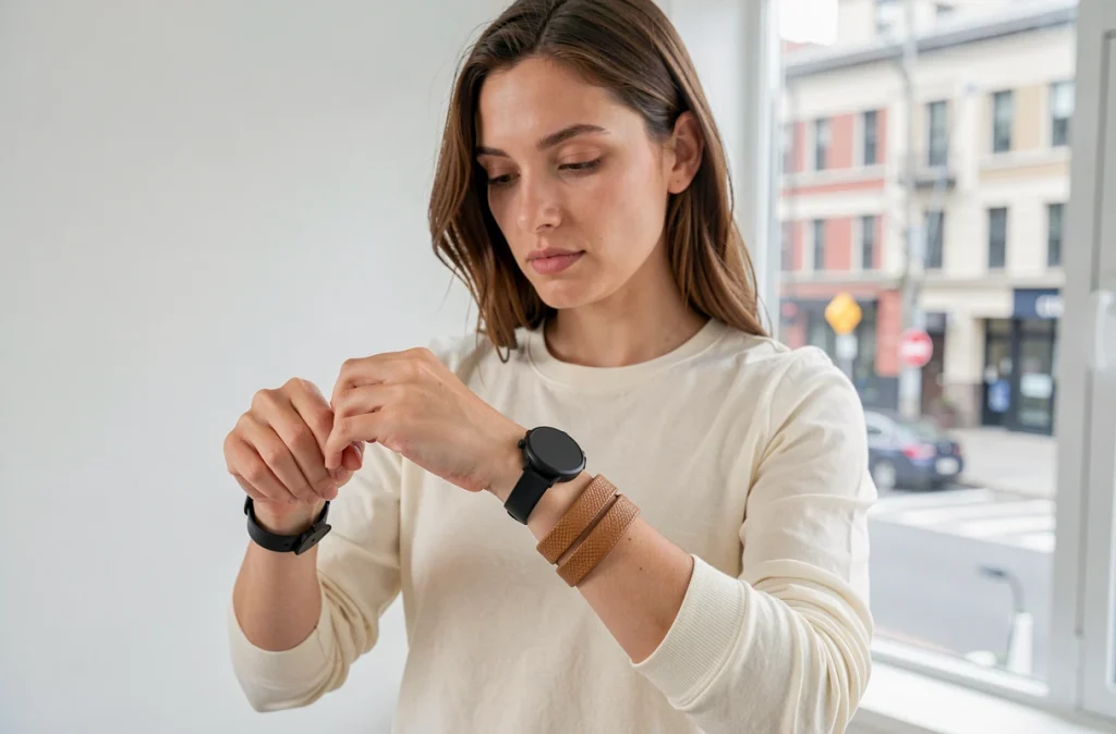Femme comparant une montre simple tour et double tour en cuir sur ses deux poignets dans un appartement minimaliste