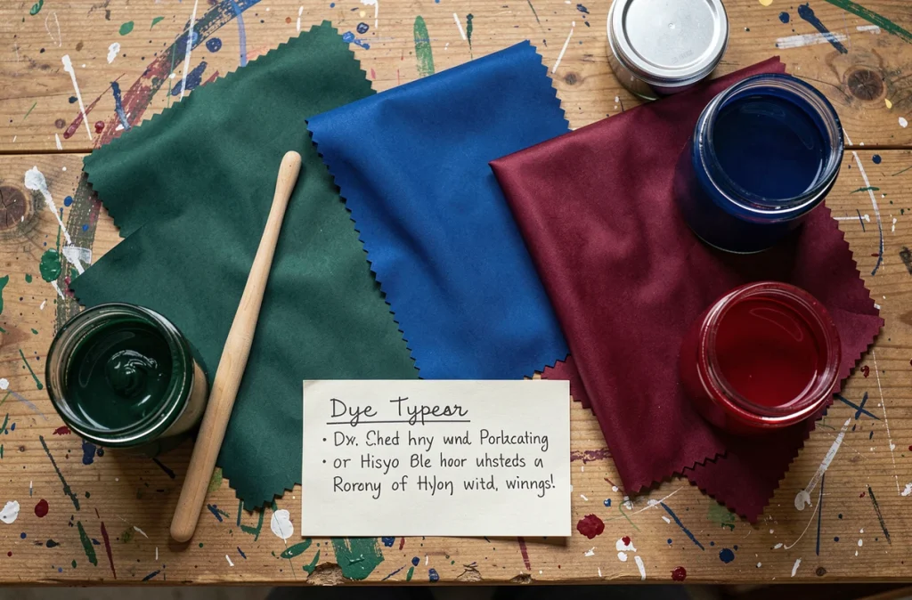 Vue en plongée de teintures pour polyester et nylon avec des échantillons de tissu synthétique colorés sur une table en bois