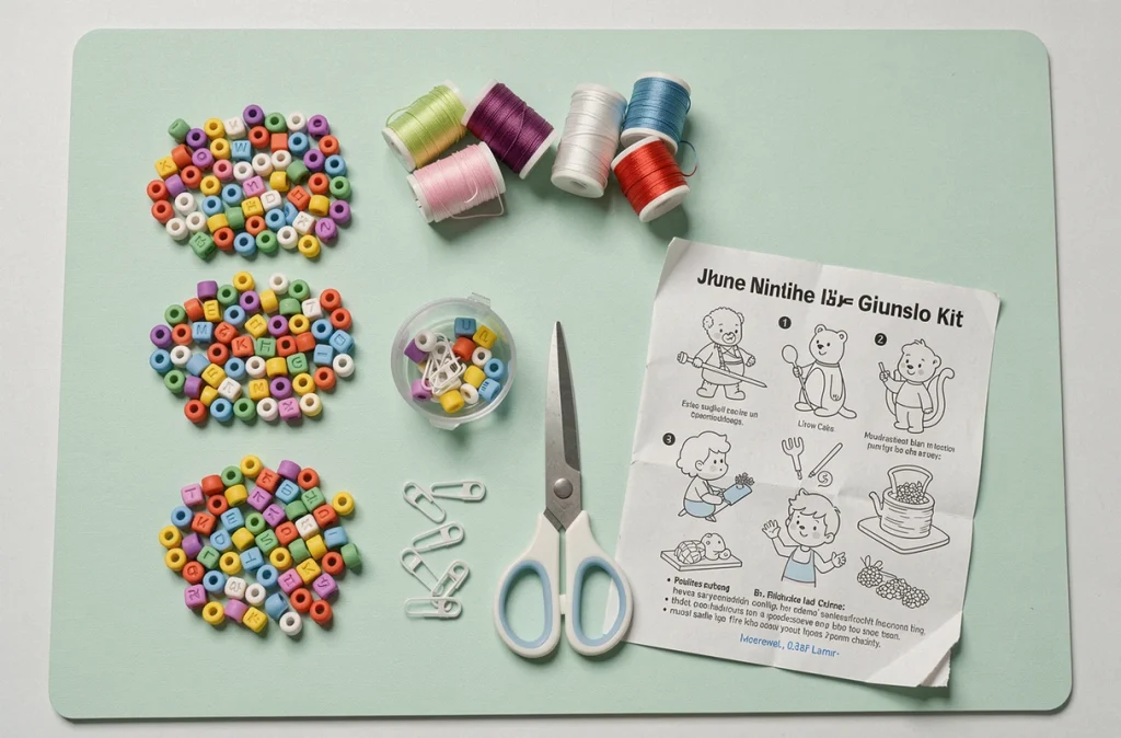 Vue de dessus d'un kit complet pour fabriquer des bracelets enfant avec perles colorées, fil élastique et accessoires de création