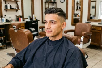 Homme aux cheveux fins avec un dégradé espagnol propre en salon de coiffure