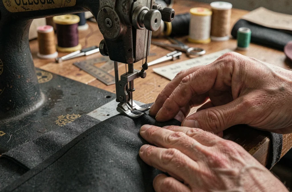 Détail de couture sur un costume en laine dans un atelier de retouches à Toulouse