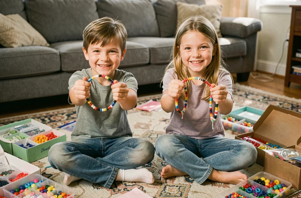 Deux enfants fiers montrant leurs bracelets faits maison réalisés avec un kit de création de bracelets colorés