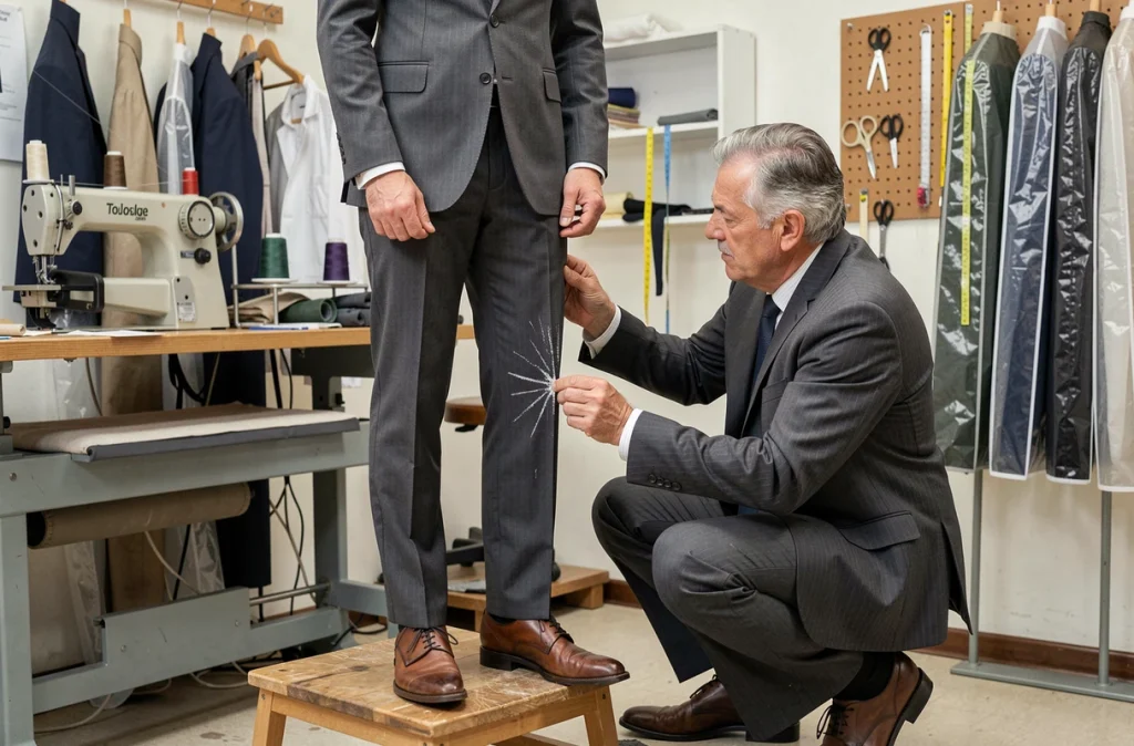 Essayage sur mesure d'un costume gris dans un atelier de retouches à Toulouse