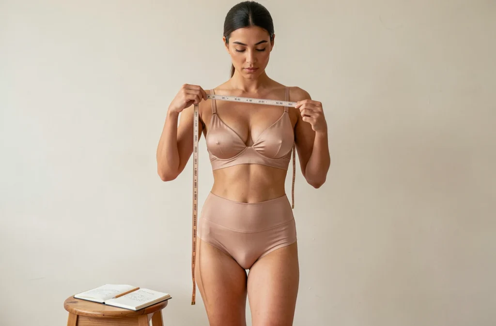 Femme prenant elle-même ses mensurations de buste avec un mètre ruban pour une robe de soirée sur mesure
