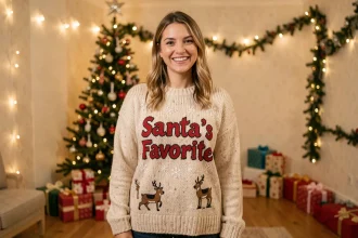 Femme souriante portant un pull de Noël personnalisé avec texte humoristique dans un salon décoré pour les fêtes
