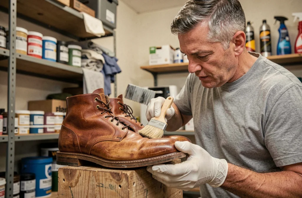 Homme appliquant un vernis de finition sur des boots en cuir customisées dans un atelier garage, portant des gants en latex, pots de peinture et produits de finition visibles en arrière-plan