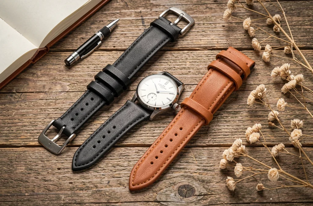 Flat lay de deux bracelets montre en cuir, simple tour noir et double tour caramel, sur une surface en bois rustique