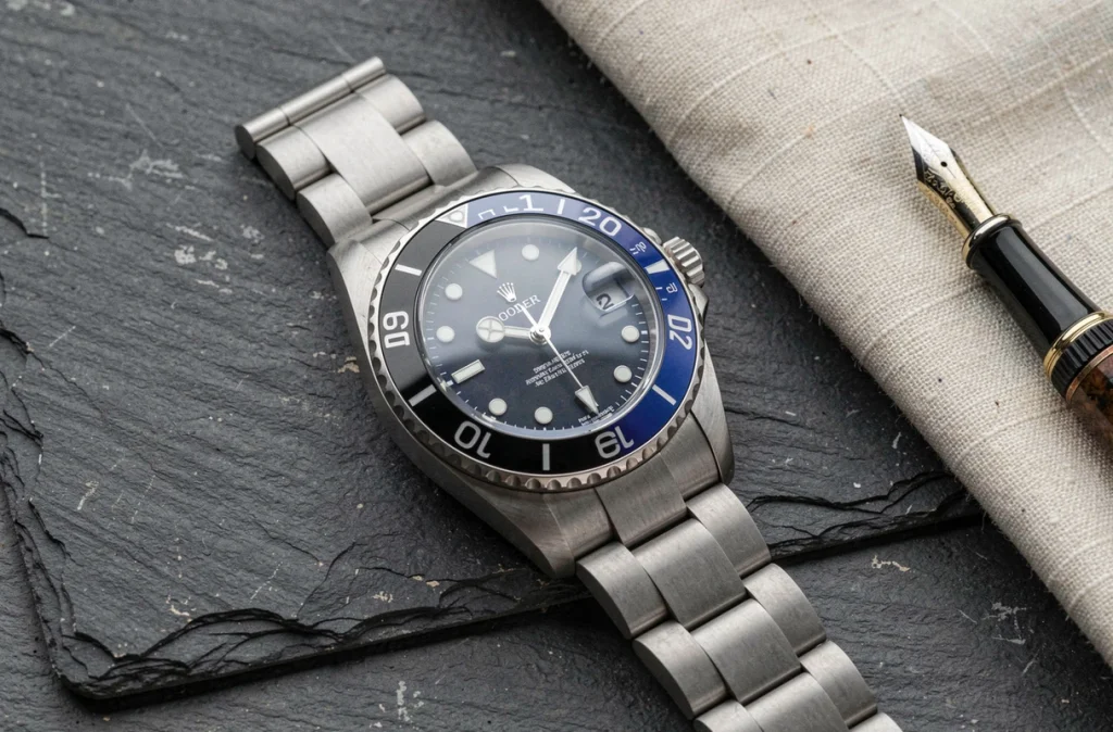Gros plan de la Rolex GMT-Master II bicolore noire et bleue posée sur une ardoise avec un stylo plume et un carré de lin