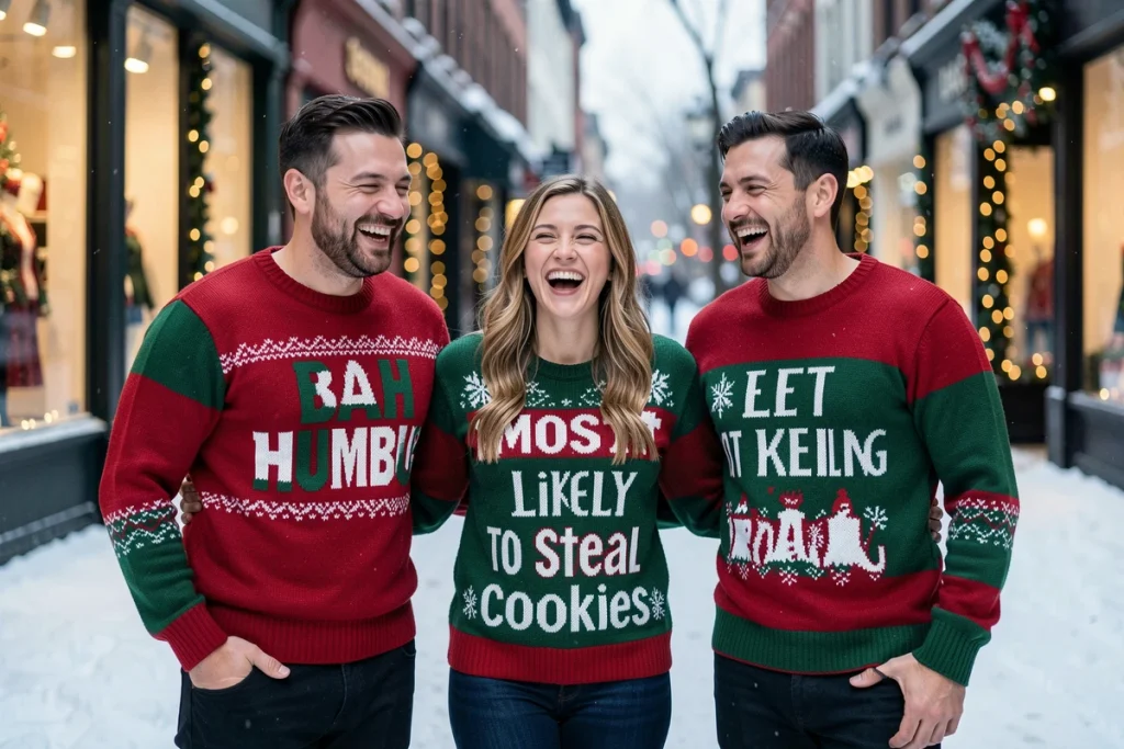Groupe d'amis en pulls de Noël personnalisés avec slogans drôles dans une rue enneigée en hiver