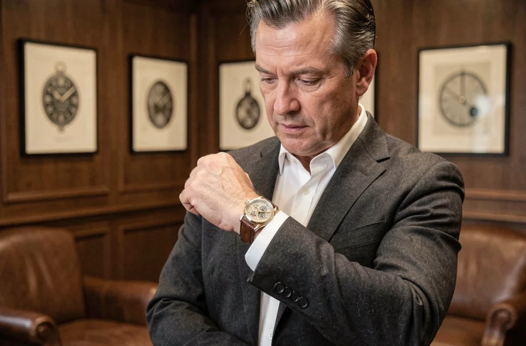 Homme en costume gris examinant une montre grand complication de luxe dans un salon horloger privé haut de gamme