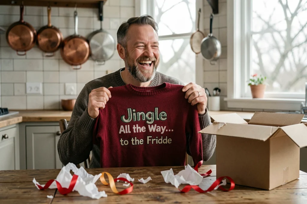 Homme barbu riant en découvrant un pull de Noël personnalisé avec texte drôle dans une cuisine rustique