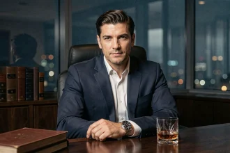 Homme élégant en costume marine portant une Rolex GMT-Master II au poignet dans un bureau feutré aux tons sombres