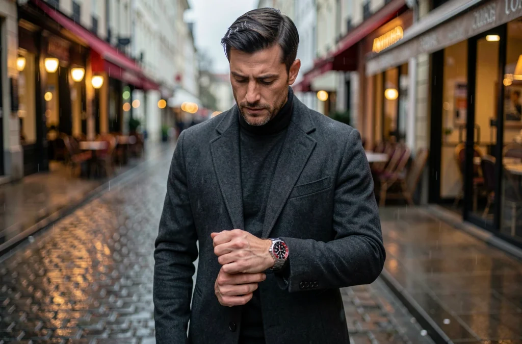 Homme en col roulé et manteau sombre consultant sa Rolex GMT-Master II sur un trottoir mouillé dans une ville européenne au crépuscule