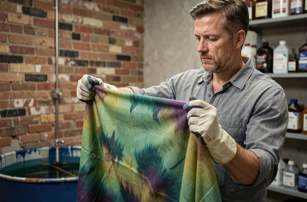 Homme inspectant un tissu nylon teint dans un atelier textile avec des gants de protection