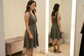 Femme en cabine d'essayage examinant son jupon qui dépasse sous une robe midi, illustrant une erreur courante de longueur de jupon