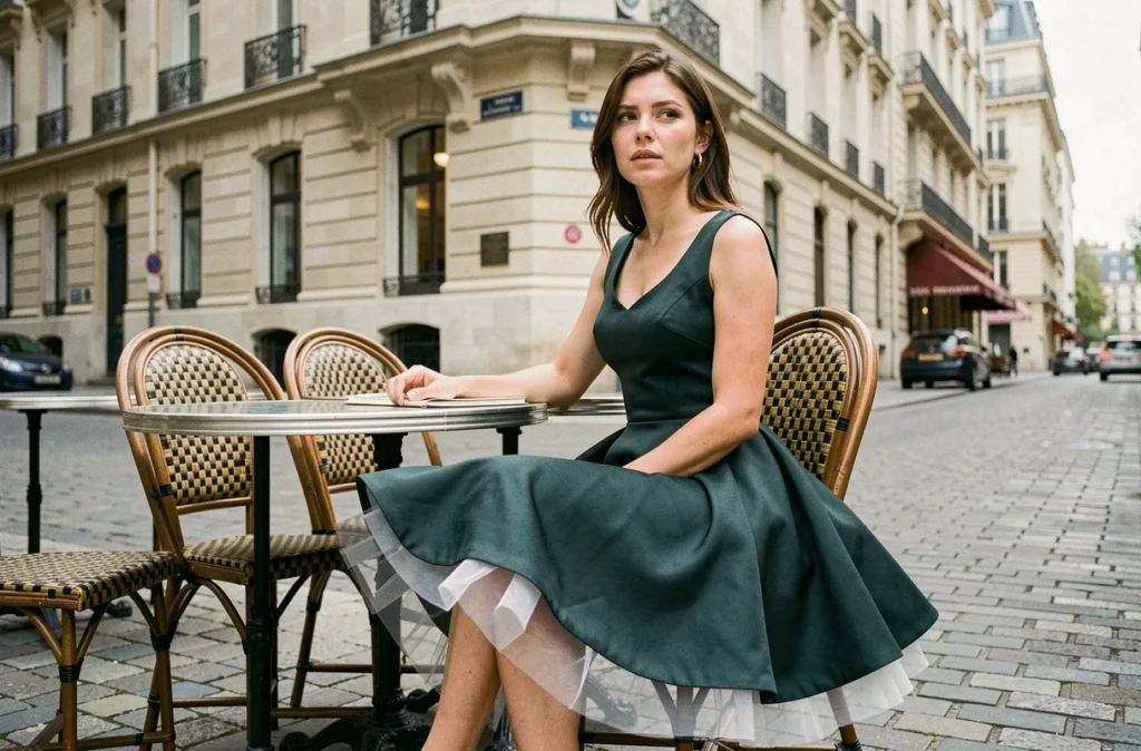 Femme assise en terrasse parisienne avec un jupon qui déforme la ligne de sa robe évasée, démontrant l'erreur de volume excessif