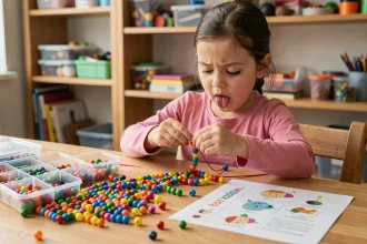 Jeune fille concentrée en train de fabriquer un bracelet perles colorées avec un kit pour enfant sur une table en bois