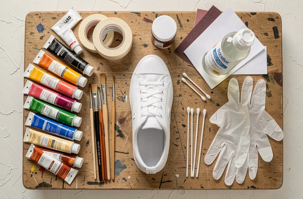 Vue de dessus du matériel indispensable pour peindre des chaussures à la maison : pinceaux, peintures acryliques pour cuir, masking tape, dégraissant et baskets blanches sur un établi en bois