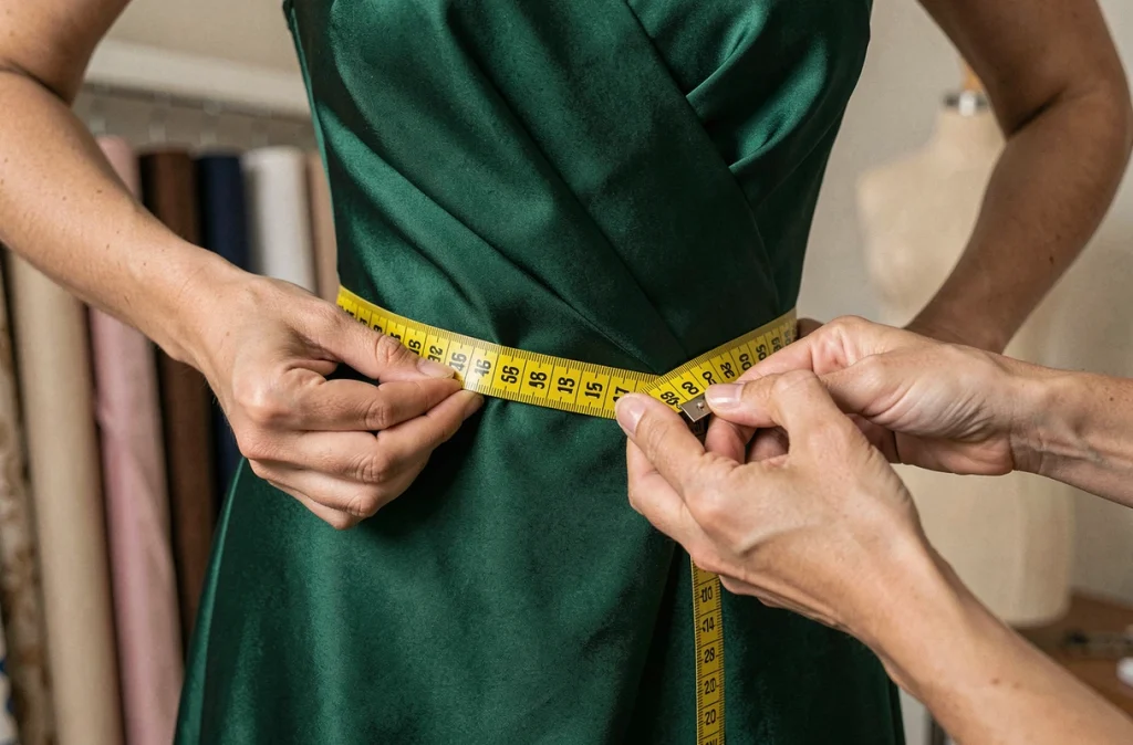 Gros plan sur la prise de mesure de taille pour une robe de soirée en satin vert émeraude dans un atelier de couture
