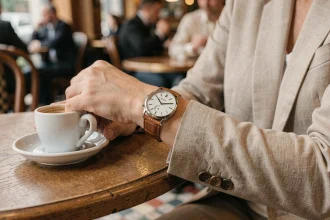 Femme portant une montre à double bracelet cuir cognac au poignet, assise dans un café parisien, style éditorial naturel